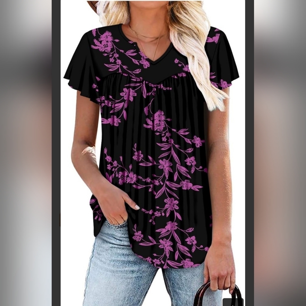 Black And Purple Floral V-Neck Flutter Sleeve Top - Women's